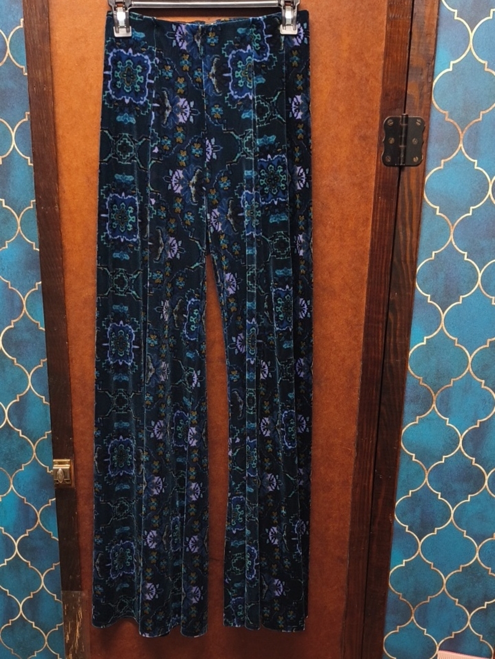 Free People Velvet Floral Pants - Dark Blue with Blue & Purple & Green
